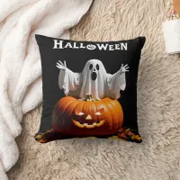 A playful ghost emerges from a carved pumpkin throw pillow