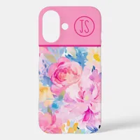 Pink and Blue Watercolor Flowers Monogrammed iPhone 16 Case