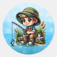 Little Boy Fishing Cartoon Classic Round Sticker