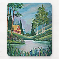 Cabin by the Stream Oil Painting Mouse Pad