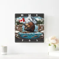 Canadian Beaver, Flag, Mountain, Ocean Square Wall Clock