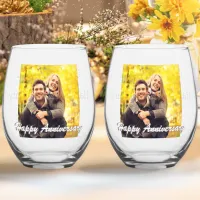 Happy Anniversary Custom Photo Stylish Set of 2 Stemless Wine Glass