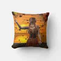 Elf in Falling Leaves Against an Autumn Sunset Throw Pillow