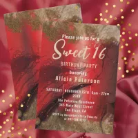 Fancy Red Gold Glam Luxury Marble Paint Sweet 16 Invitation