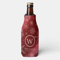 Festive Red Foil Snowflakes Monogram Name Bottle Cooler