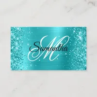 Glittery Turquoise Blue Foil Fancy Monogram Business Card