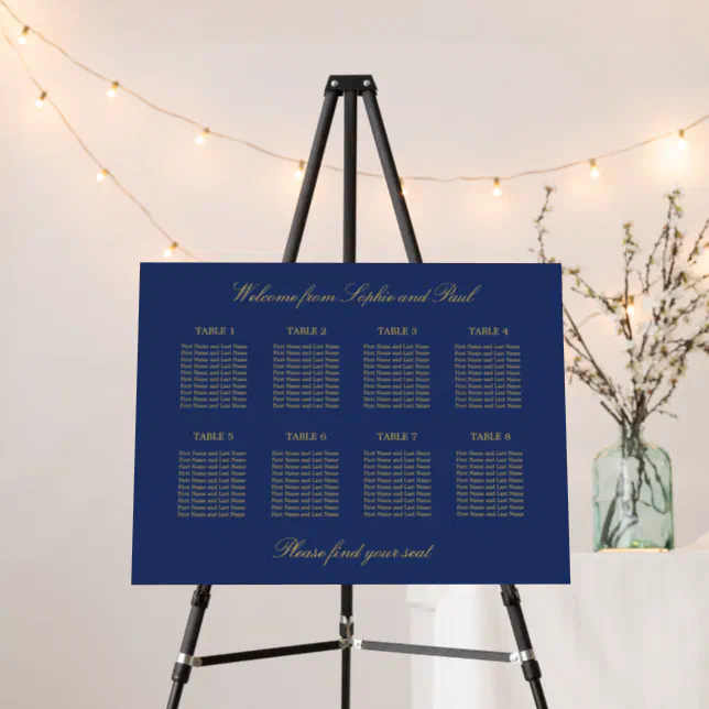 Navy Blue Golden Beige 8 Table Seating Chart Foam Board