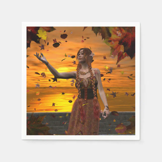 Elf in Falling Leaves Against an Autumn Sunset Napkins