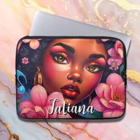 Pretty Woman of Color Pink Flowers Personalized Laptop Sleeve