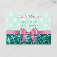 Teal and White Polka Dot with Pink Bow & Glitter Business Card