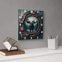 Majestic Moose Portrait in Rustic Frame Square Wall Clock