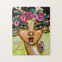 Whimsical Faun Floral Wreath Cute Boho Fantasy Art Jigsaw Puzzle