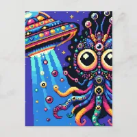 UFO and Alien Pixel Art Postcard