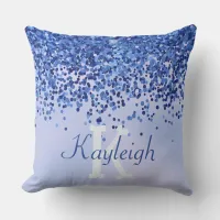 Simple Blue Brushed Metal and Glitter Monogram | Outdoor Pillow