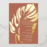 Modern Minimalist Elegant Monstera Leaf Wedding Foil Invitation