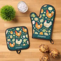 Rustic Farmhouse Kitchen Monogram Country Chickens Oven Mitt & Pot Holder Set