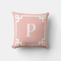 Light Coral Pink White Greek Key Border Monogram Throw Pillow