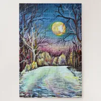 Silent Night Winter Full Moon in Sweden Jigsaw Puzzle