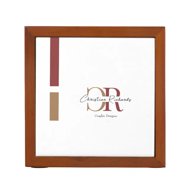 Burgundy Gold Monogram Simple Modern Desk Organizer