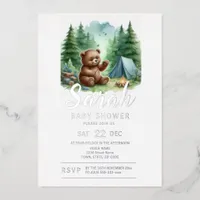 Camping Baby Bear in the Woods Baby Shower Foil Invitation