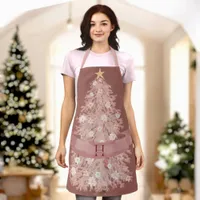 Monogram Watercolor Dusty Rose Pink Christmas Tree Apron