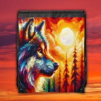 Wolf Face with Sun & Forest | Drawstring Bag