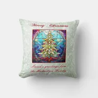 Sparkly Stained Glass Christmas Tree Green Glitter Throw Pillow