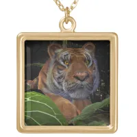 Tiger Crouching in the Jungle Gold Plated Necklace