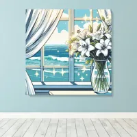 Pretty Ocean View and Vase of Flowers  Canvas Print