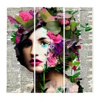 Victorian Era Vintage Woman with Pink Flowers Triptych