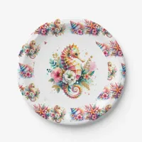 Pink, Blue and Gold Coastal Seahorse Beachy Paper Plates