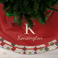 Rustic Red Green Argyle Christmas Monogram Brushed Polyester Tree Skirt