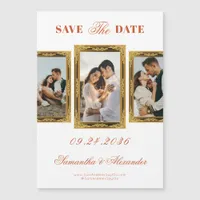 Burnt Orange Vintage Script 3 Photo Save The Date Magnetic Invitation