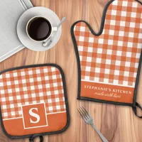 Burnt Orange Gingham Plaid Checkered Monogrammed Oven Mitt & Pot Holder Set