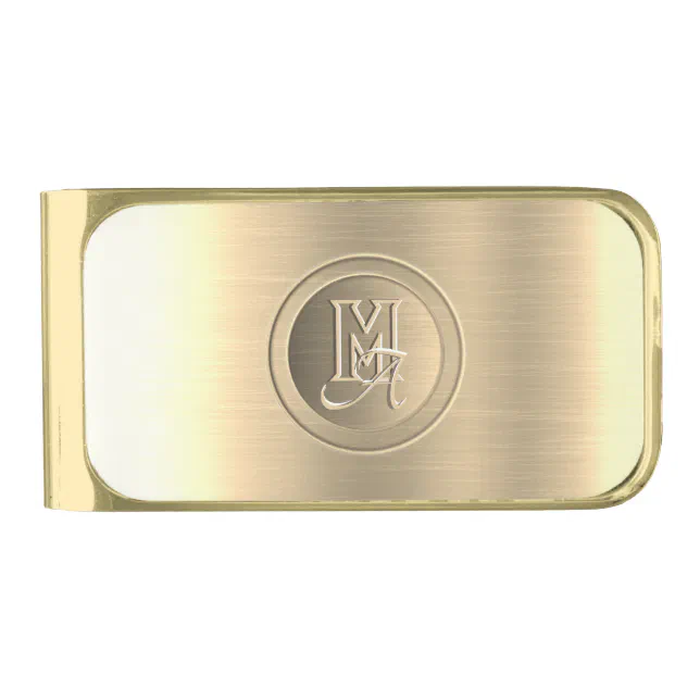 Metallic Gold Steel Engraved Monogram Gold Finish Money Clip