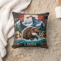 Snow-Capped Peaks and Canadian Beaver Throw Pillow