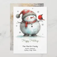 Whimsical Cute Snowman and Red Bird Happy  Holiday Card