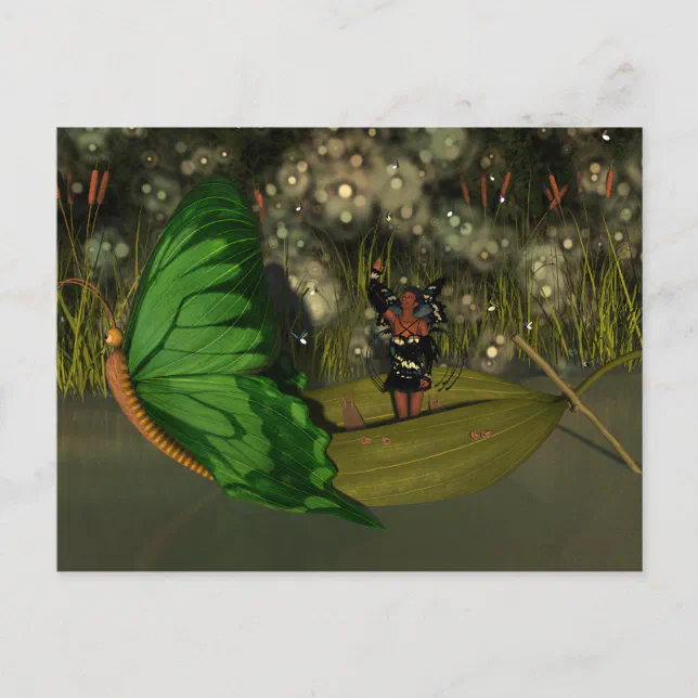 Cute Fairy in Boat with Fireflies