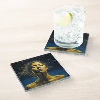 Ethereal Woman Meditating Under the Stars Glass Coaster