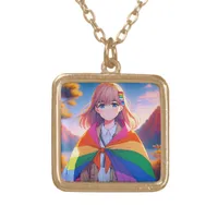 Anime Girl with LGBTQIA+ Cape   Gold Plated Necklace