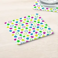 Colorful neon dots and shapes retro pattern square paper coaster