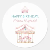 Pink Princess Carousel Magical 1st Birthday Girl Classic Round Sticker