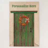 Southwest Chile Ristra Wreath Weathered Green Door Jigsaw Puzzle