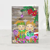 Festive Merry Christmas Girl and Boy Elves Card