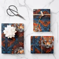 Vibrant Tiger with Floral Motifs Wrapping Paper Sheets