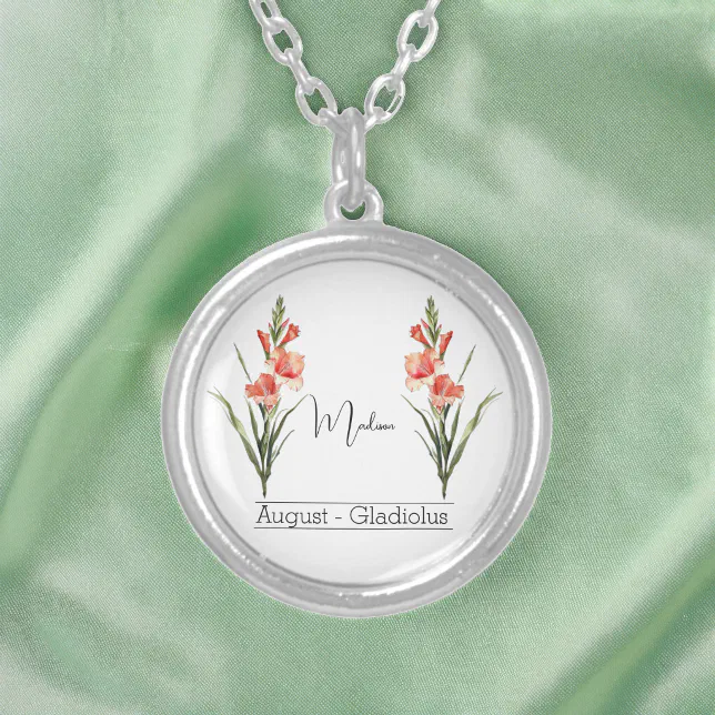 Birth Month Flower August Gladiolus Silver Plated Necklace