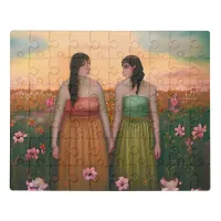 Lesbian Couple Holding Hands in Meadow of Flowers Jigsaw Puzzle