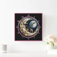 Giraffes gazing under a majestic African moonlight Square Wall Clock