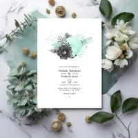 Mint and Charcoal Floral Rustic Wedding Invitation