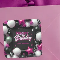 Festive Black White Metallic Pink Balloon Birthday Square Sticker